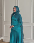 Teal Embellished Chiffon Cape Gown
