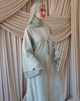 Mint Beaded Floral Chiffon Cuff Abaya (2 pc)