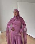 Plum Embellished Chiffon Cape Gown