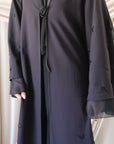Black Beaded Floral Chiffon Cuff Abaya (2 pc)