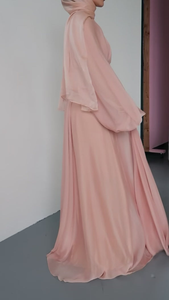 Peachy Blush Kaftan Beaded Belt Gown