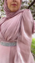 Load and play video in Gallery viewer, Esma Blush Pink Shimmering Belted Gown
