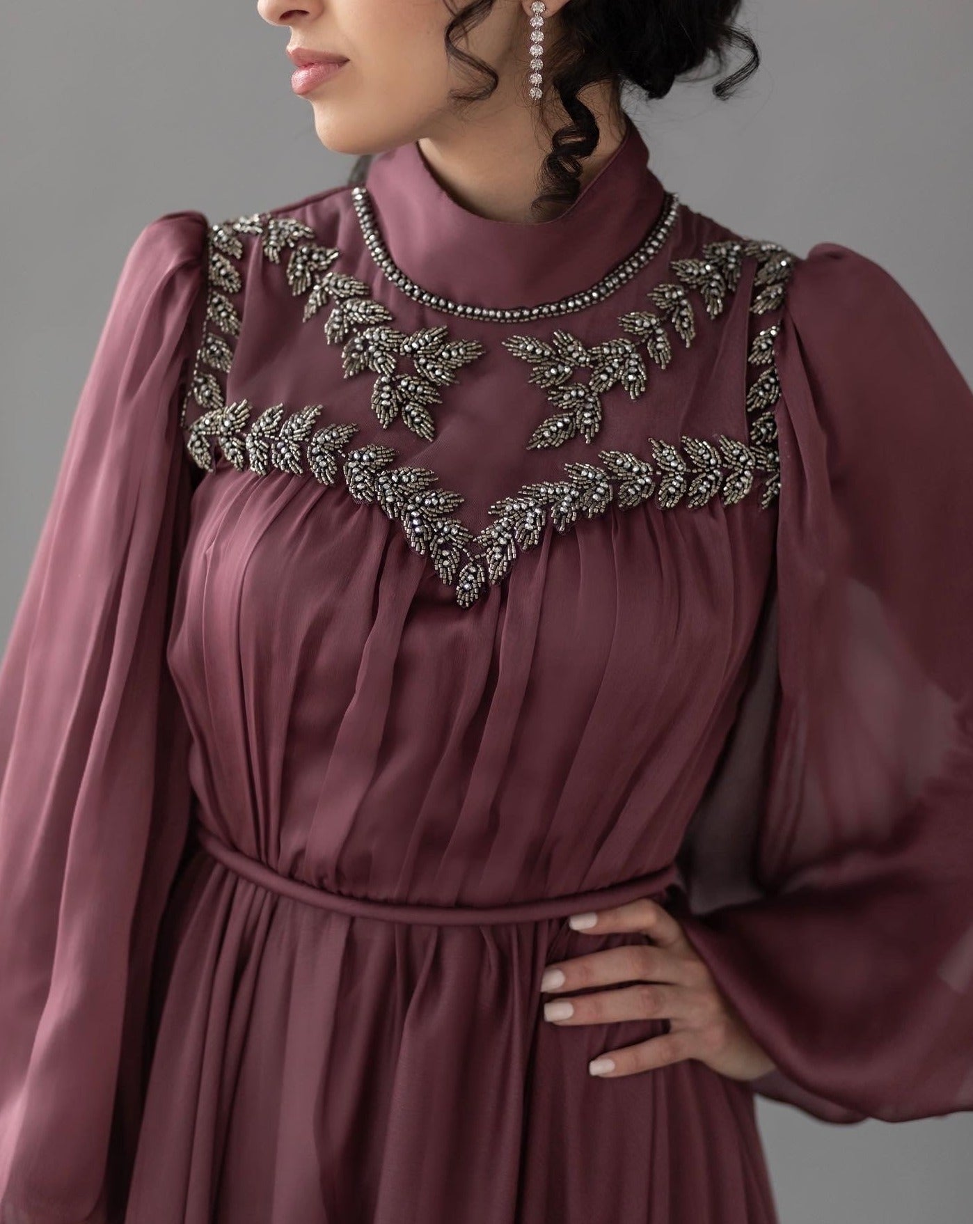 Nadine Terracotta Beaded Bib Gown- Final Sale