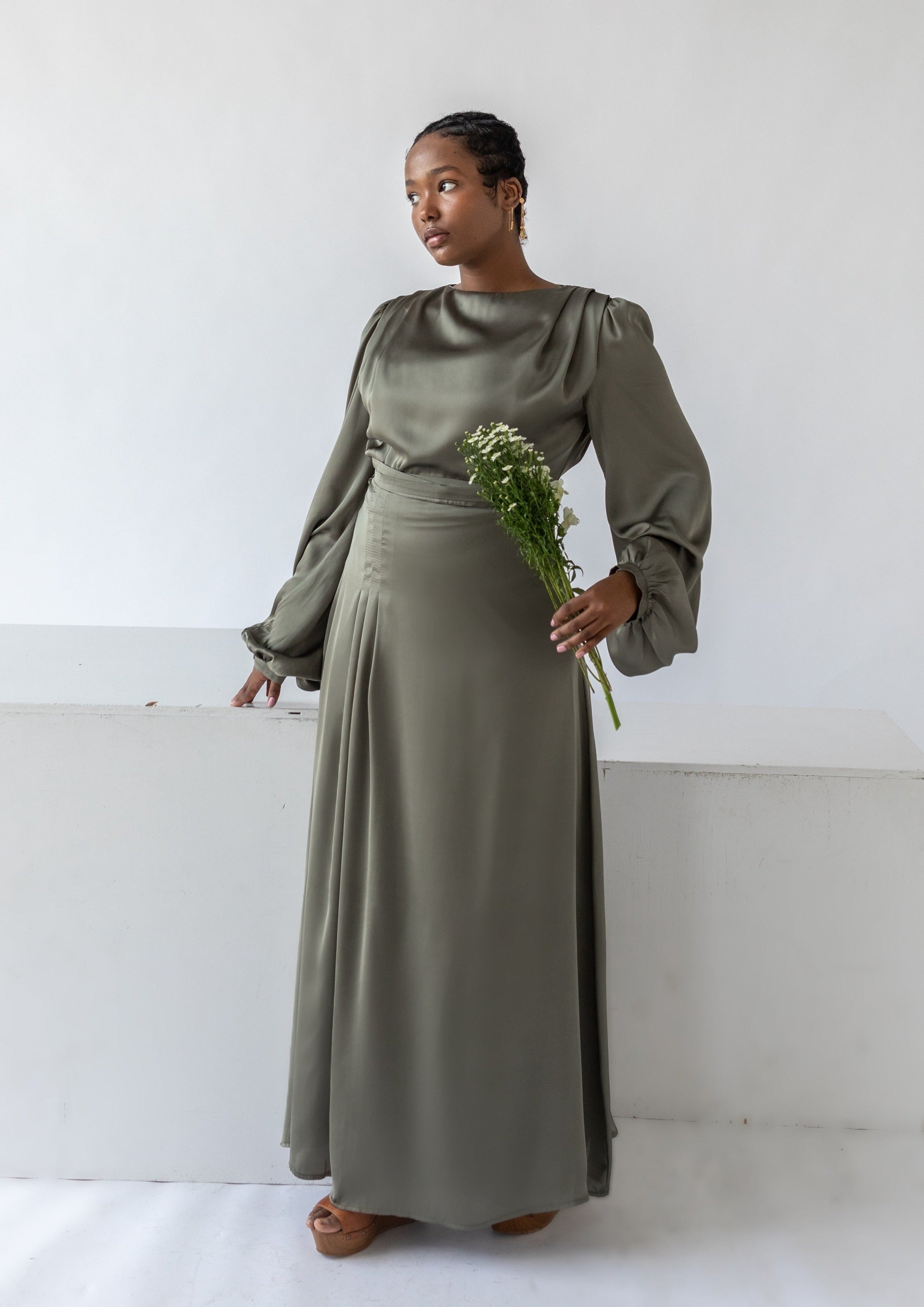 Olive Green Cowl Satin Dress – Summer Evenings