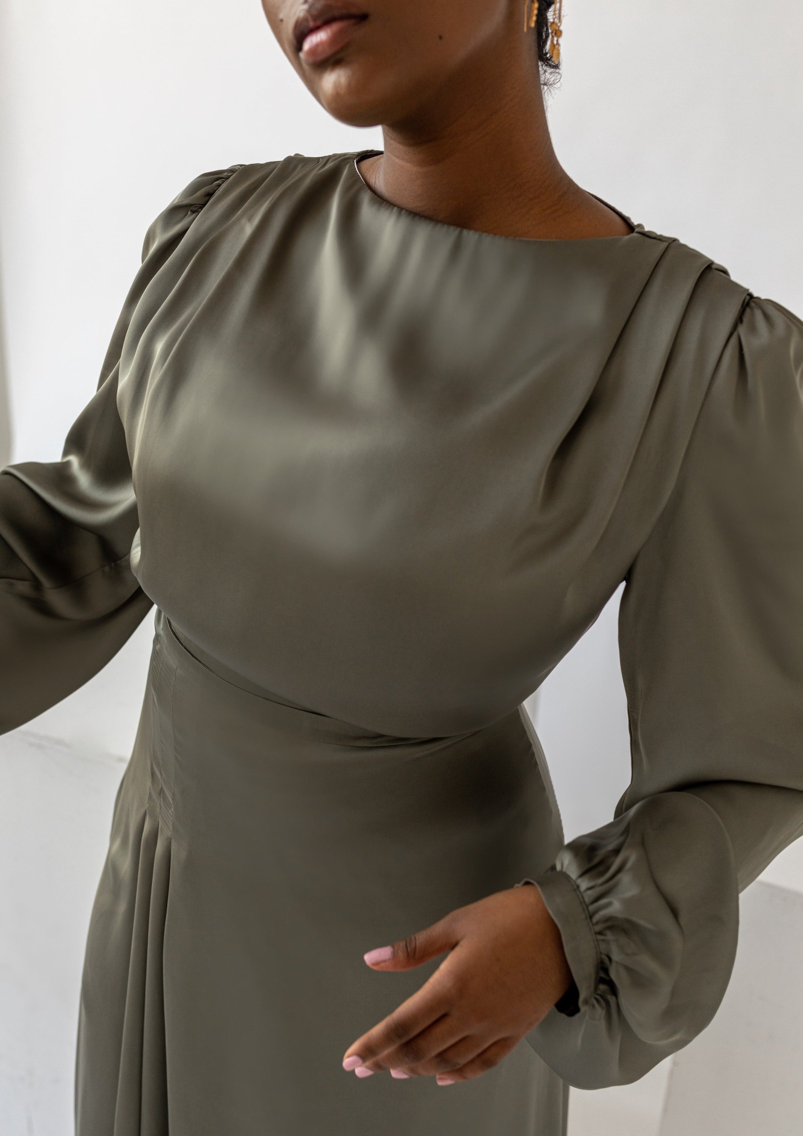 Olive Green Cowl Satin Dress