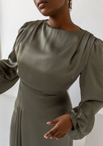 Load image into Gallery viewer, Olive Green Cowl Satin Dress
