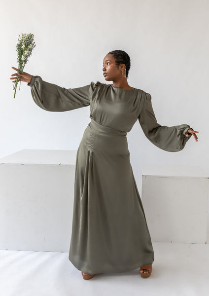 Olive Green Cowl Satin Dress – Summer Evenings