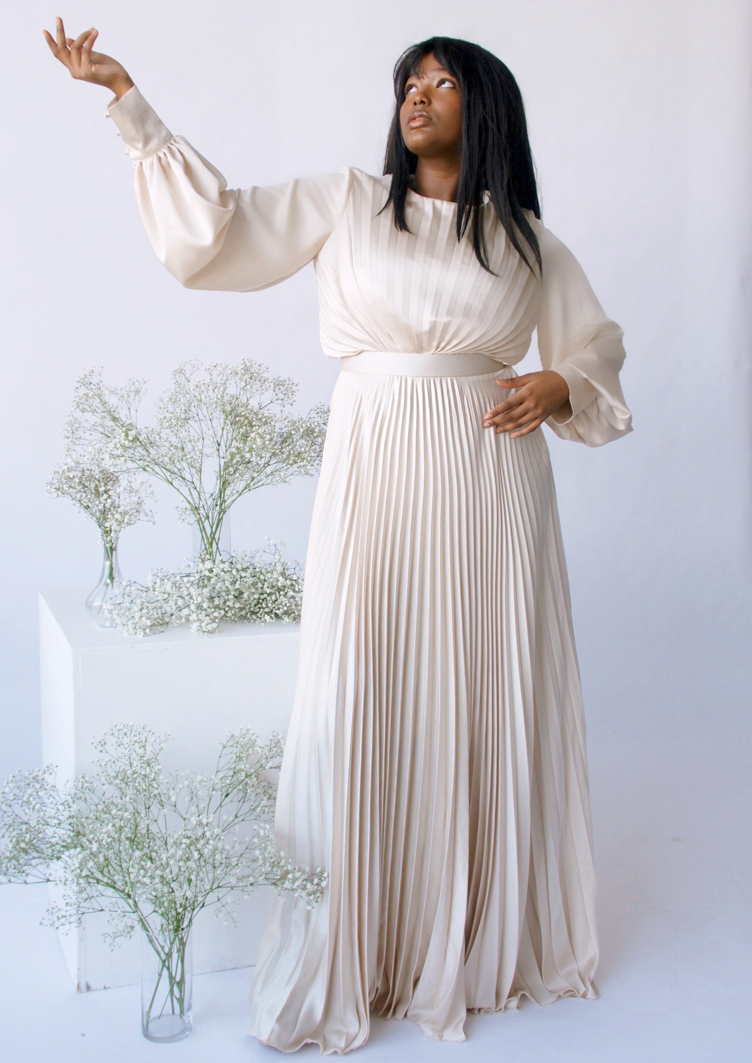 Maya Cream Pleated Gown