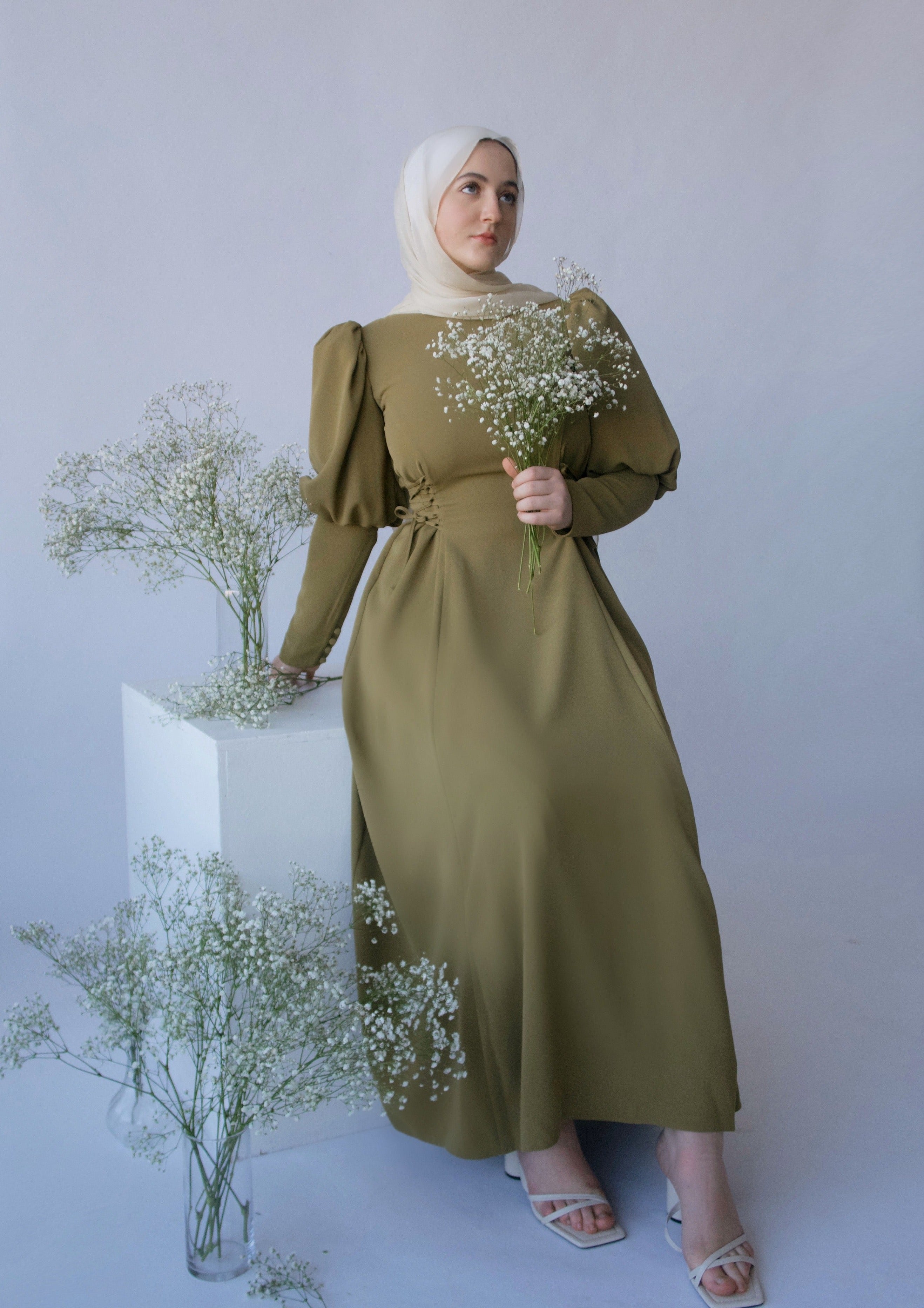 Modest Sage Satin Puffy Sleeve Dress With Bow – Lisposa