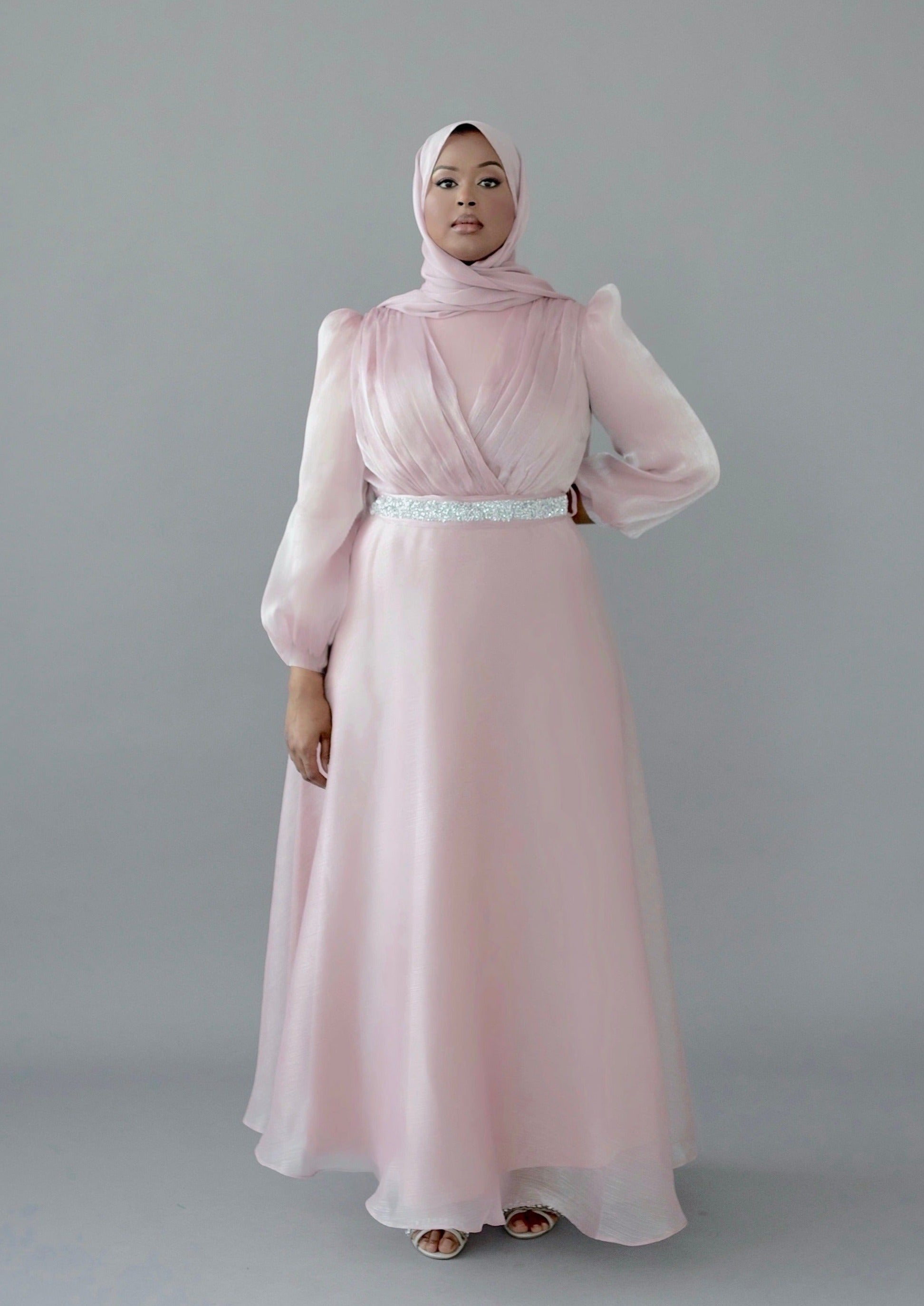 Esma Blush Pink Shimmering Belted Gown