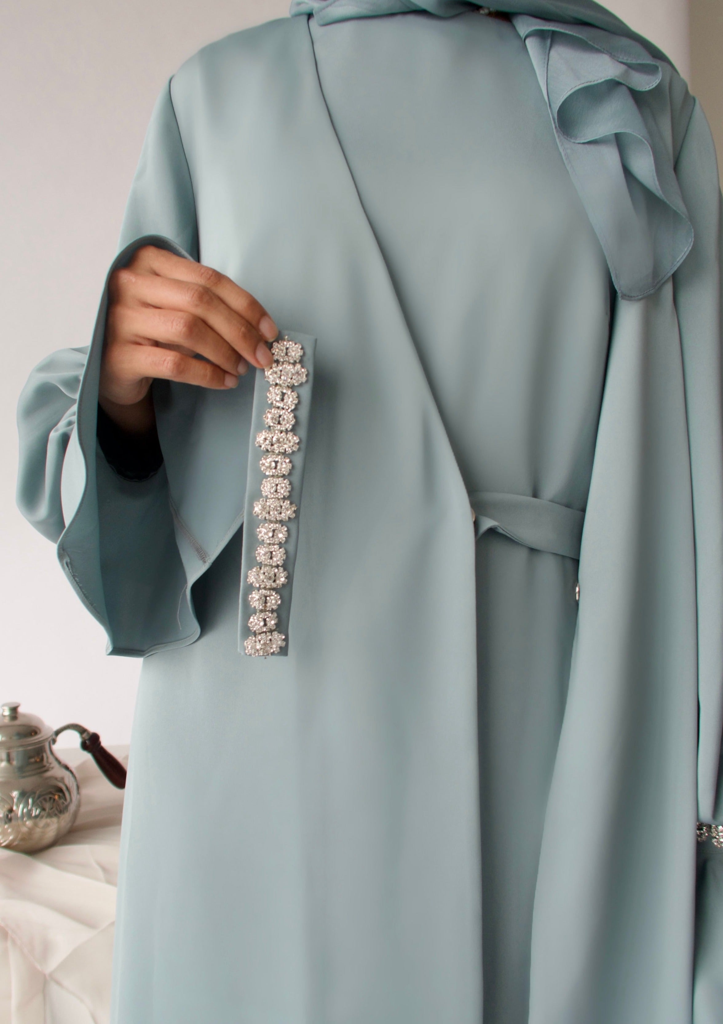 Teal Jeweled Abaya Set (3 Pc)