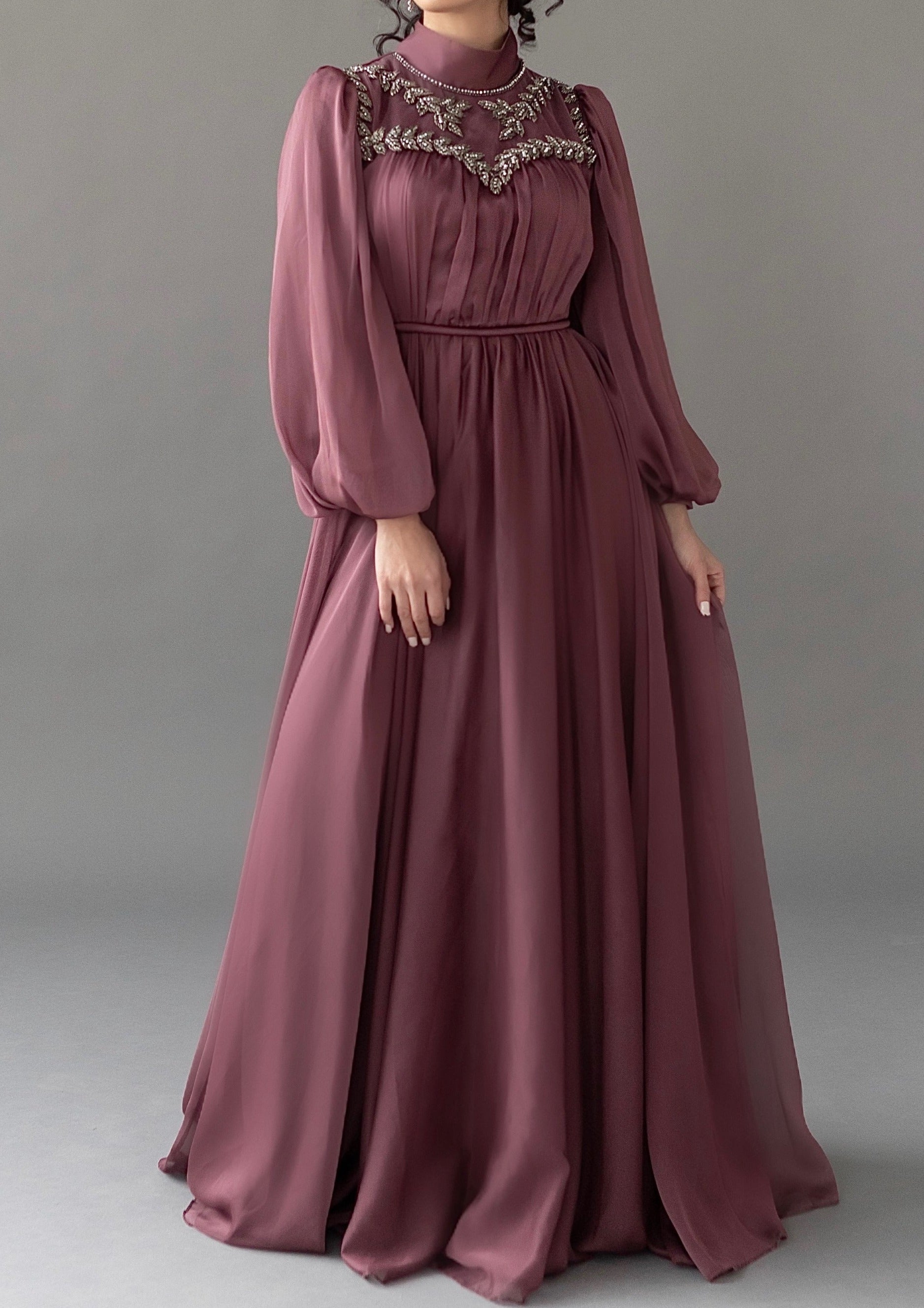 Nadine Terracotta Beaded Bib Gown- Final Sale