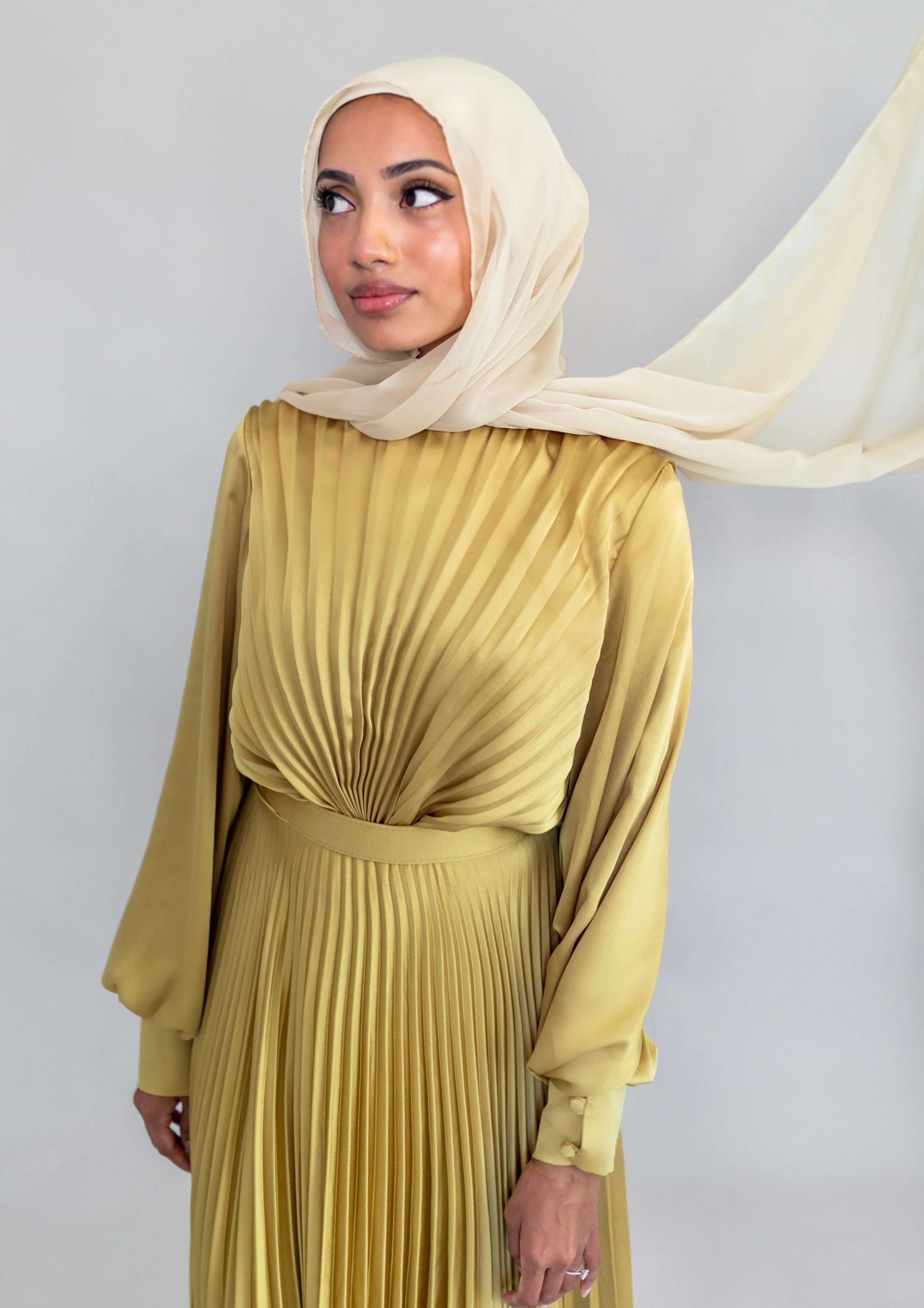 Maya Golden Olive Pleated Gown
