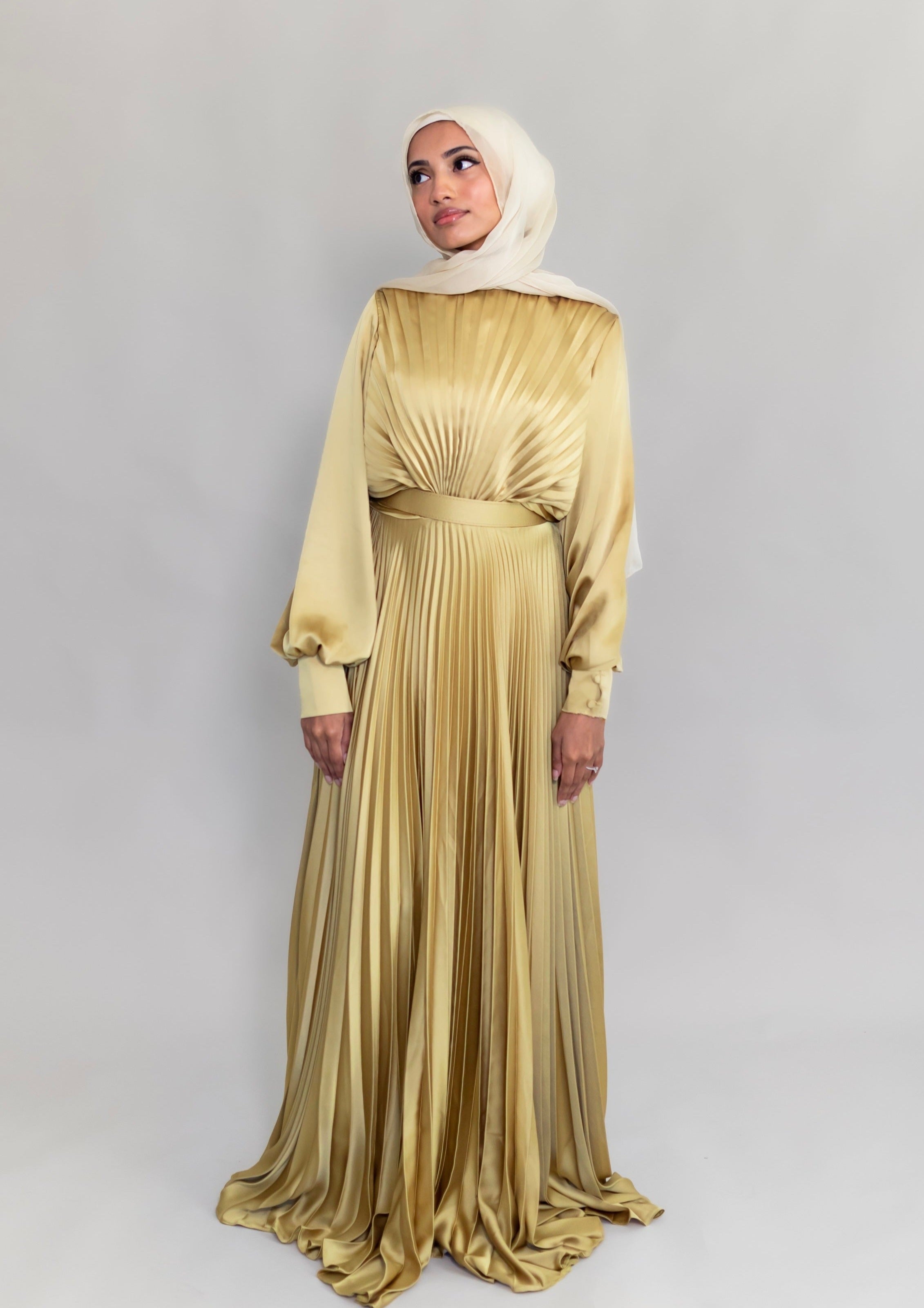 Maya Golden Olive Pleated Gown