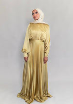 Load image into Gallery viewer, Maya Golden Olive Pleated Gown

