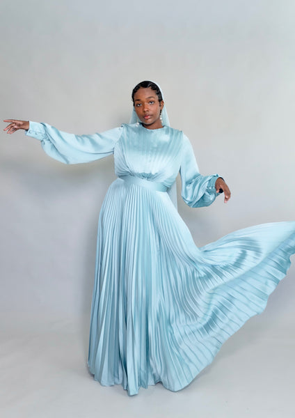 Blue pleated hotsell maxi dress