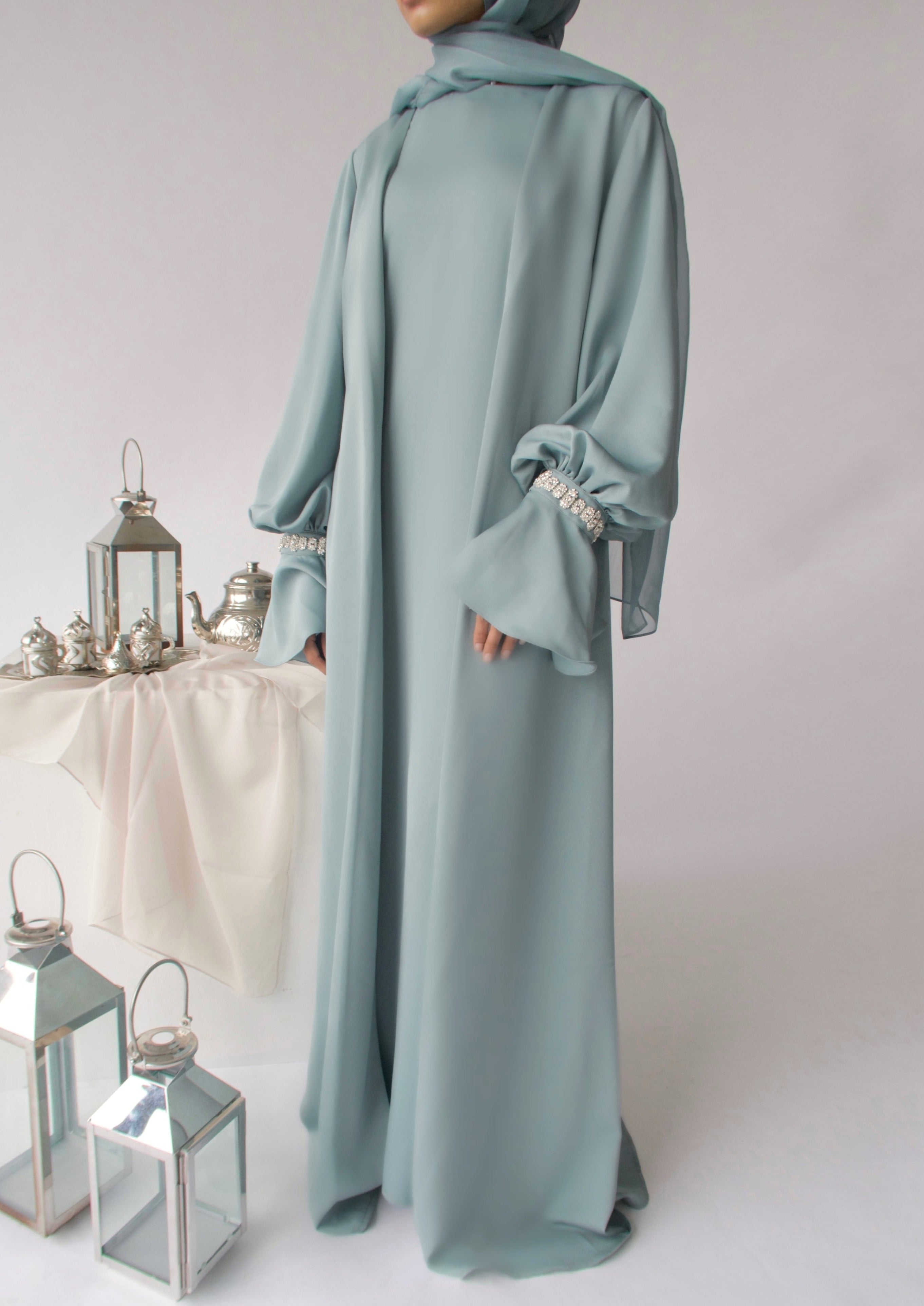 Teal Jeweled Abaya Set (3 Pc)