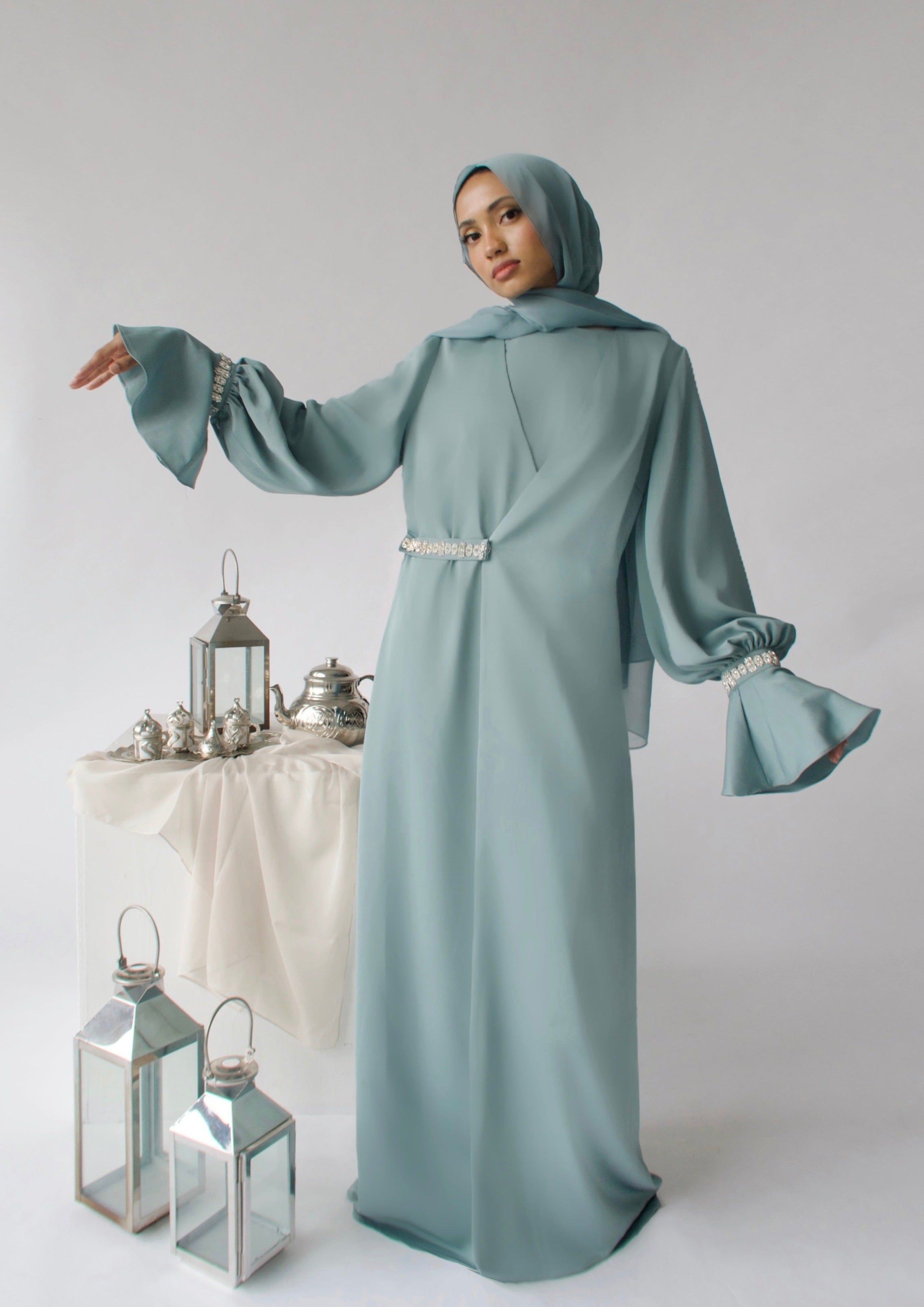 Teal Jeweled Abaya Set (3 Pc)