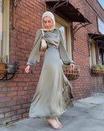 Load image into Gallery viewer, Olive Green Cowl Satin Dress
