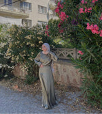 Load image into Gallery viewer, Olive Green Cowl Satin Dress
