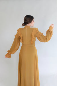 Golden Mustard Ruffled Tie-Neck Dress
