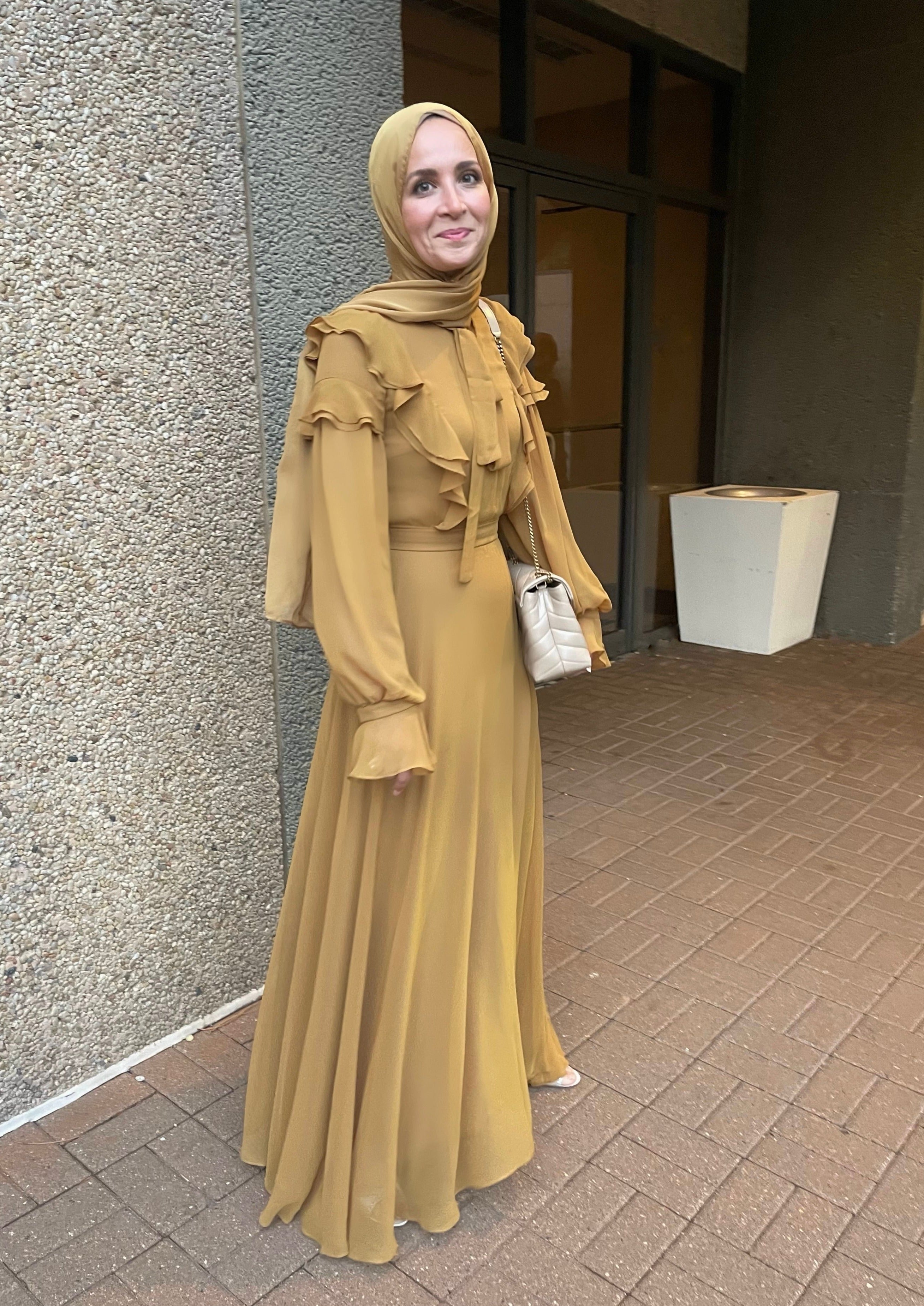 Golden Mustard Ruffled Tie-Neck Dress