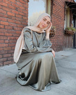 Load image into Gallery viewer, Olive Green Cowl Satin Dress
